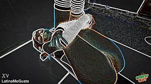 whoa long tongue busty brunette's puffy pussy peeks from g-string gym workout