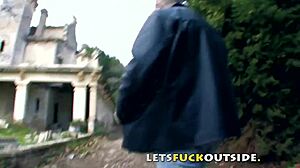 Small Brunette Fingers Pussy Then Fucks Hard in Outdoor Cemetery