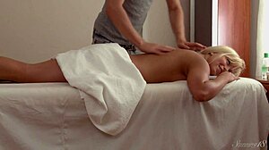 Hammer Blonde Mya's Shaved Pussy from Behind on Massage Table