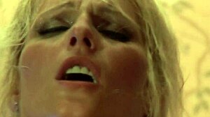 Blonde milf babe screams in ecstasy from double penetration threesome creampie on sofa