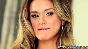 She drops to knees for pov ball licking till massive jizz explosion