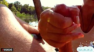 Stranger milf jerks cock for cash public outdoor oil