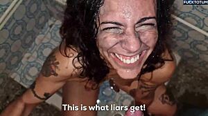 submissive piss drinking whore gulps from human toilet during extreme deepthroat facefuck