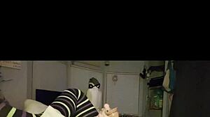 petite brunette teases shaved pussy with dildo in stockings