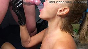 Fetish milf deepthroats huge cock then swallows condom cum in close-up action