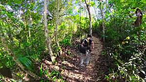 amateur brazilian chubby brunette fucked by friend on forest trail outdoors