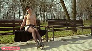 want to see jeny smith flash stockings outdoors in heels?