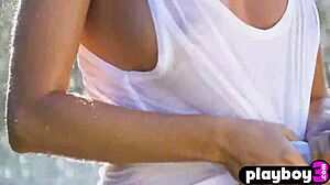 Petite European model gets soaking wet outdoors. She strips nice ass sexy body.