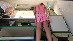 Hot Babe's Perfect Shaved Pussy Caught Upskirted Under Skirt at Work