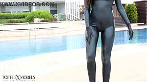 Latex Flexi Ballerina Milf Doll Stretches Outdoor in Catsuit