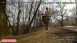 want to see jeny smith flash stockings outdoors in heels?