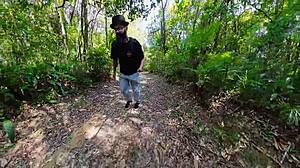 amateur brazilian chubby brunette fucked by friend on forest trail outdoors