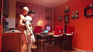 couple's intense kitchen blowjob pussy licking oral action