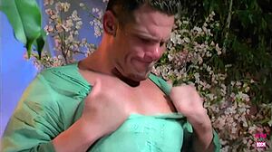 Sexy brunette in lingerie rides ripped tattooed guy cowgirl then takes cum facial deep in forest