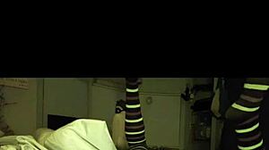 petite brunette teases shaved pussy with dildo in stockings