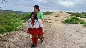 perverted old farmer spots sexy uniformed student in fields and lures her for wild pounding sex?