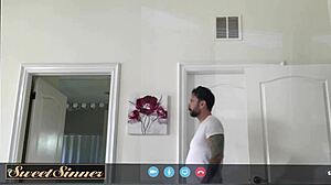 Petite milf bounces shaved pussy on monster cock cowgirl then doggystyle creampie on bed