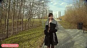 want to see jeny smith flash stockings outdoors in heels?