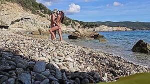 dominant couple pees on each other then public beach blowjob