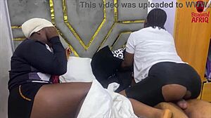 Sex addict pounds petite ebony girl doggystyle after creampie threesome lick