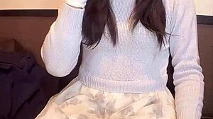 cute japanese ladyboy in glasses masturbates her ass quietly