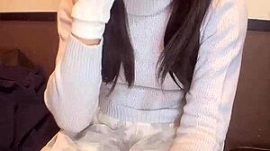 cute japanese ladyboy in glasses masturbates her ass quietly