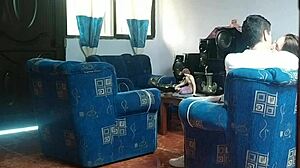 Stepsister thinks house empty and fucks boyfriend on living room couch