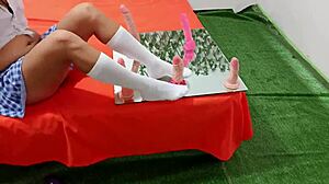 Dirty latina flashes big tits and monster cock in flirty homemade sexology interview class