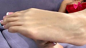 Sexy Brunette Milf Jerks and Fucks Cock with Stockinged Feet to Facial Cumshot