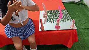 Dirty latina flashes big tits and monster cock in flirty homemade sexology interview class