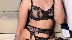 Sexy Babe in Garter Belt Lingerie Gives Deepthroat Blowjob Spanking Sucking Cock