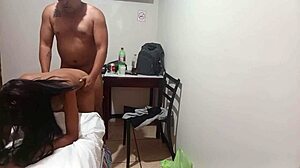 Bent over skinny neighbor teen takes rough doggystyle creampie in tight pussy and saggy tits