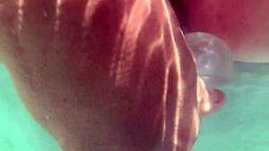 Blonde teen shaved pussy creampie underwater then dildo toys closeup outdoor