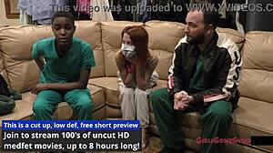 Behind Scenes Nurse Jewel Tests Latex Gloves on Tanned Patient Cock