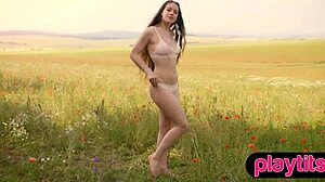 dutch brunette babe strips outdoors, revealing petite body, bubble butt and hairy beaver in softcore tease