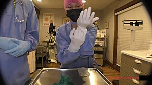 Behind Scenes Nurse Jewel Tests Latex Gloves on Tanned Patient Cock