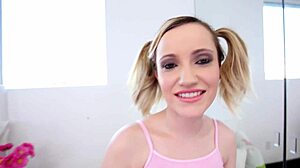 Petite 19yo blonde gags on huge cock pov blowjob swallows massive load