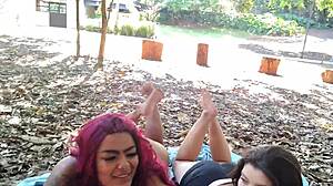 Brazilian big tits babes flash asses in public forest park