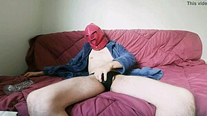 Young stud cums hard on sofa after solo masturbation