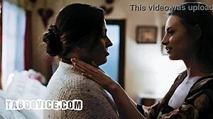 Stepdad catches wife and stepdaughter licking pussy in bed and joins the rough 3some!