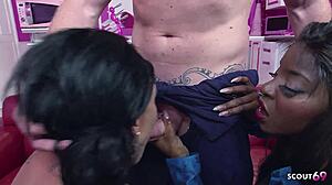 Slim ebony jasmine webb seduces big tits milf for interracial 3some!