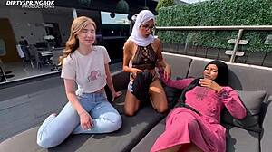 Two horny muslim babes rip clothes off innocent white neighbor girl's tight wet pussy