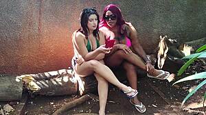 Brazilian big tits babes flash asses in public forest park