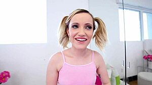 Petite 19yo blonde gags on huge cock pov blowjob swallows massive load