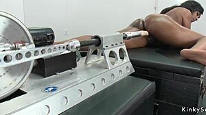 busty ebony shaves pussy for intense machine ride