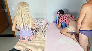 stepdad fucks wife hard right in front of horny stepdaughter cum on ass