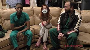 Behind Scenes Nurse Jewel Tests Latex Gloves on Tanned Patient Cock