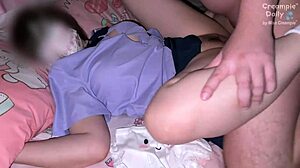 that schoolgirl's tempting look in her skirt led to a quick messy finish on bed