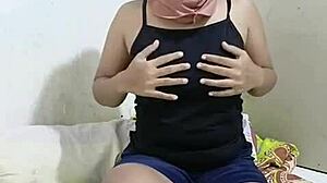 Arab Big Tits Big Pussy Hijab Housewife Masturbates Solo with Dildo Toy at Home