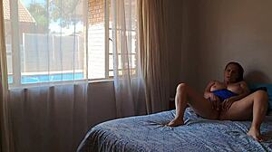 Cheating wife sneaks pool boy fuck while husband slaves at work